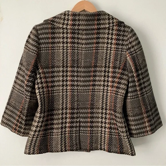 Classiques Entier Cropped Houndstooth Plaid Wool Jacket Retro Boho Brown - Picture 4 of 13